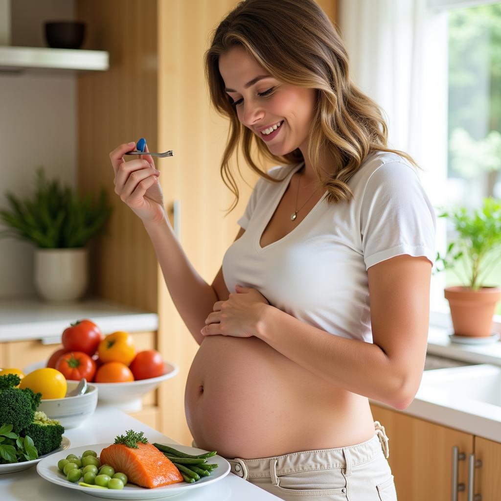 Pregnant Woman Enjoying Salmon as Part of a Healthy Diet