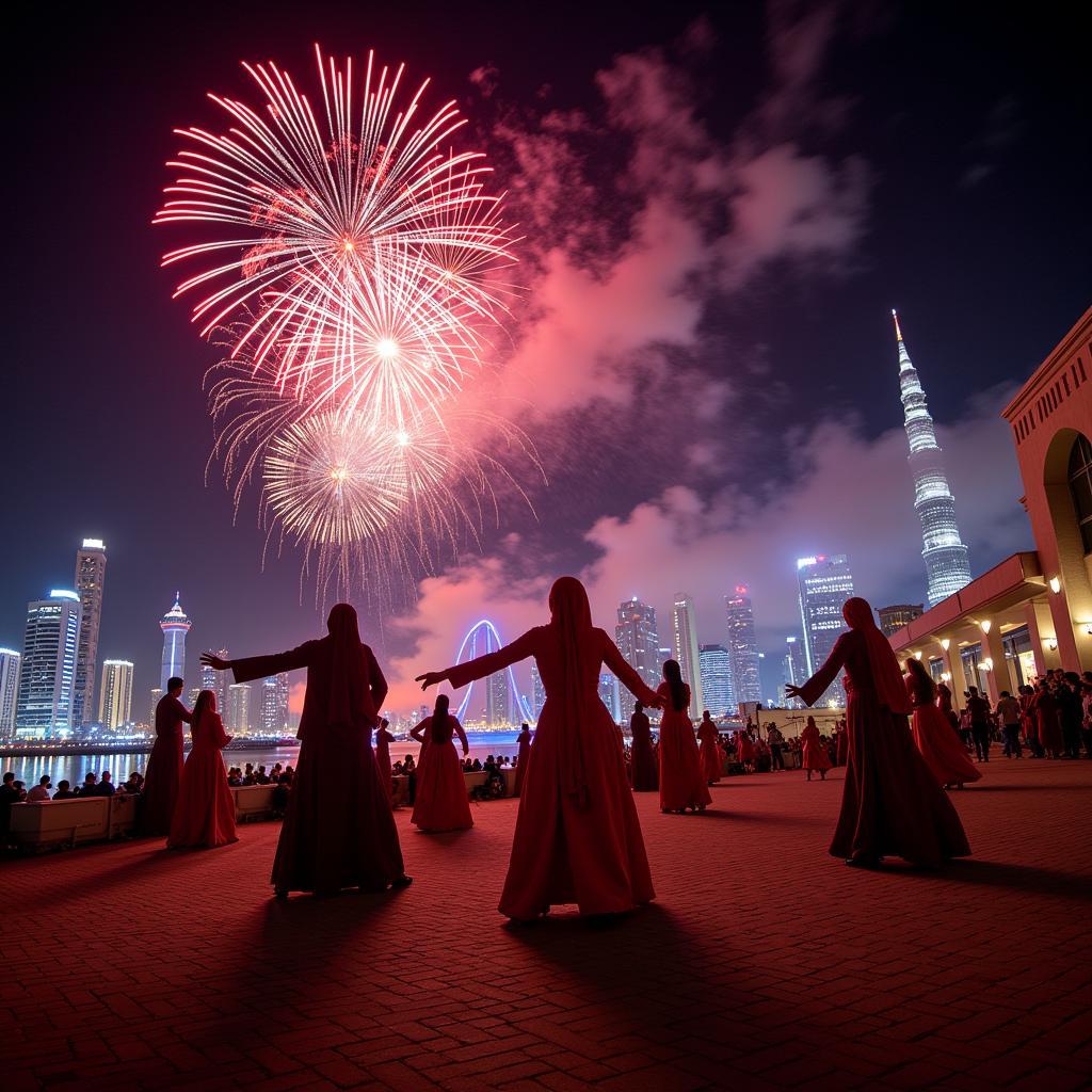 Qatar National Day celebration with fireworks and traditional dance performances