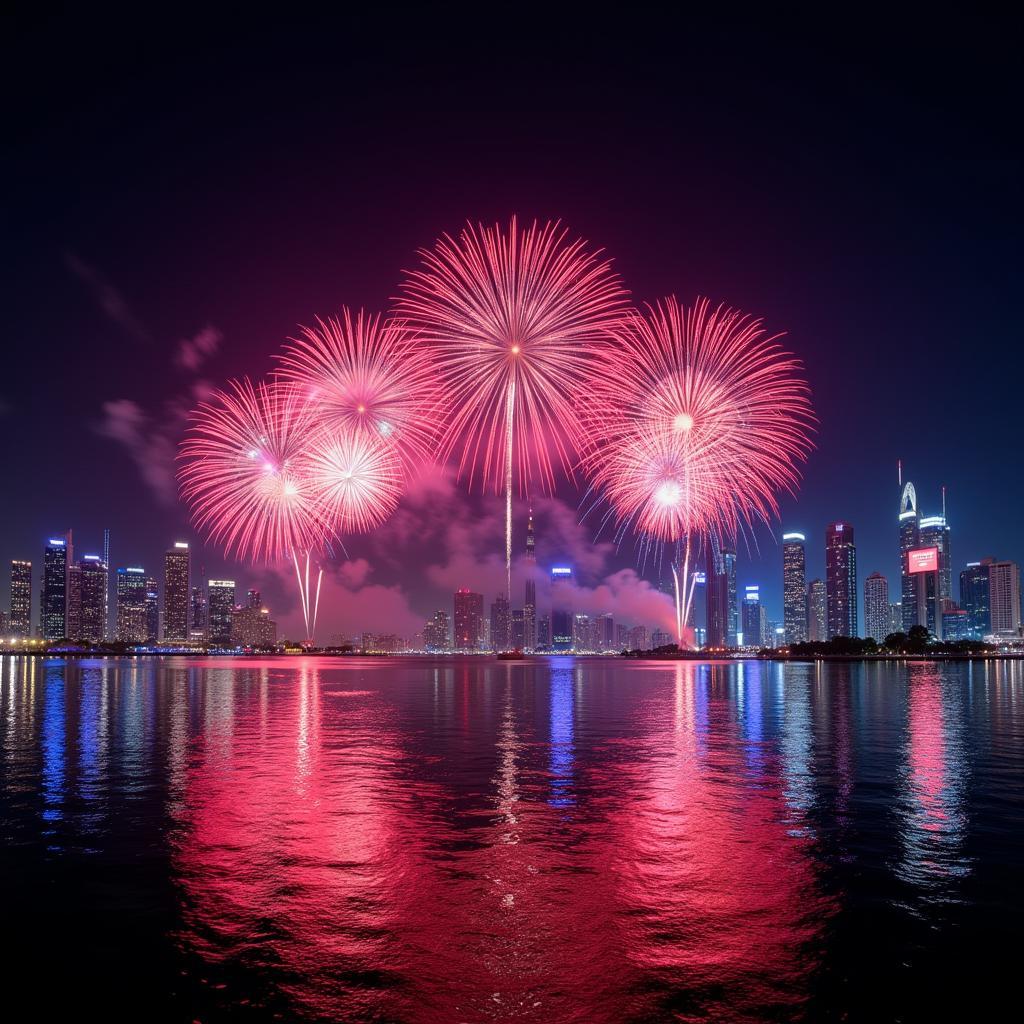 Qatar skyline illuminated by fireworks on National Day