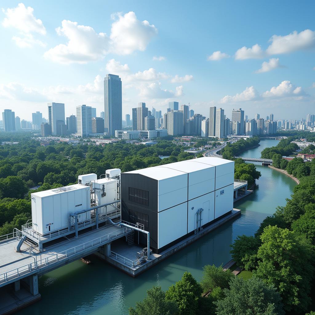 A sleek redox flow battery superimposed on a futuristic cityscape in an ASEAN country