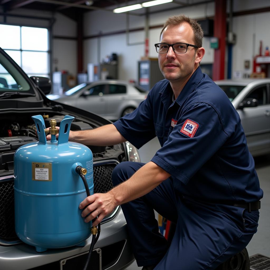 Technician Operating a Refrigerant Recovery Machine