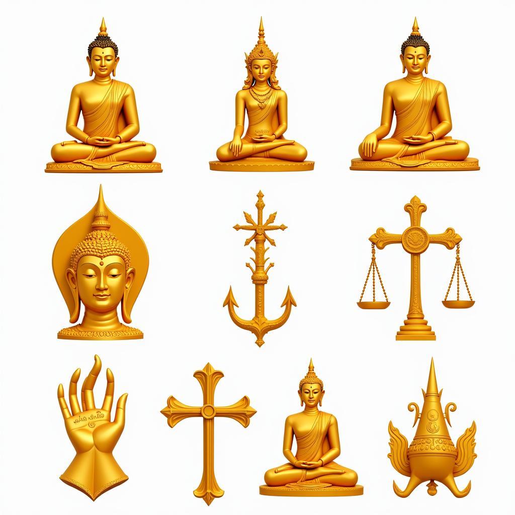 A collection of religious symbols found in Southeast Asia, including Buddhist, Hindu, and Islamic motifs.