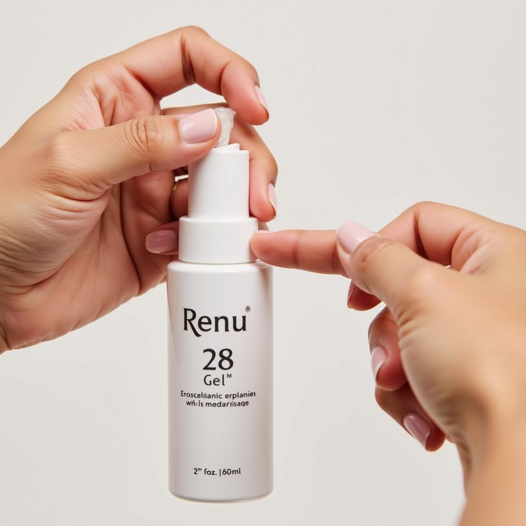 Close-up shot of the Renu 28 Gel bottle with a hand applying it