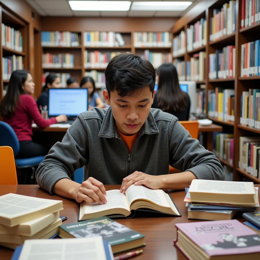 A researcher accessing a wealth of ASEAN studies resources within a well-stocked university library