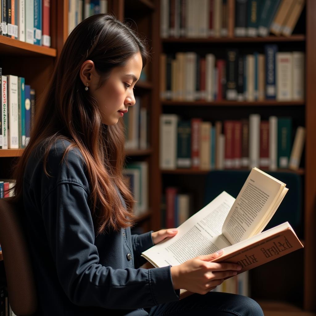 Researcher analyzing ASEAN journal articles in a library