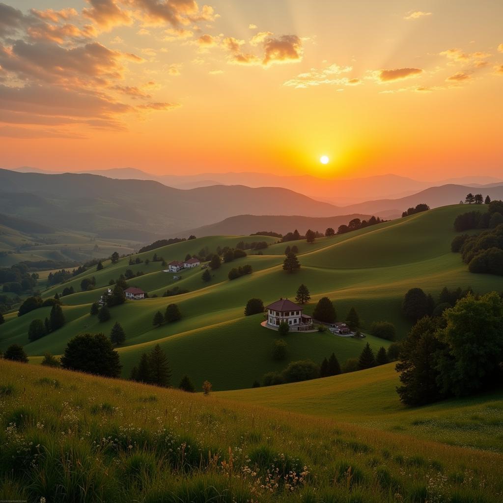 Tranquil Romanian Countryside at Sunset Evoking Goga's Poem