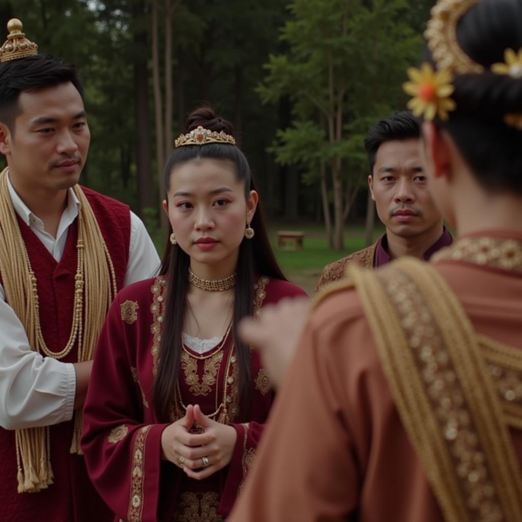 A scene from a Southeast Asian drama, showcasing traditional clothing and cultural practices.