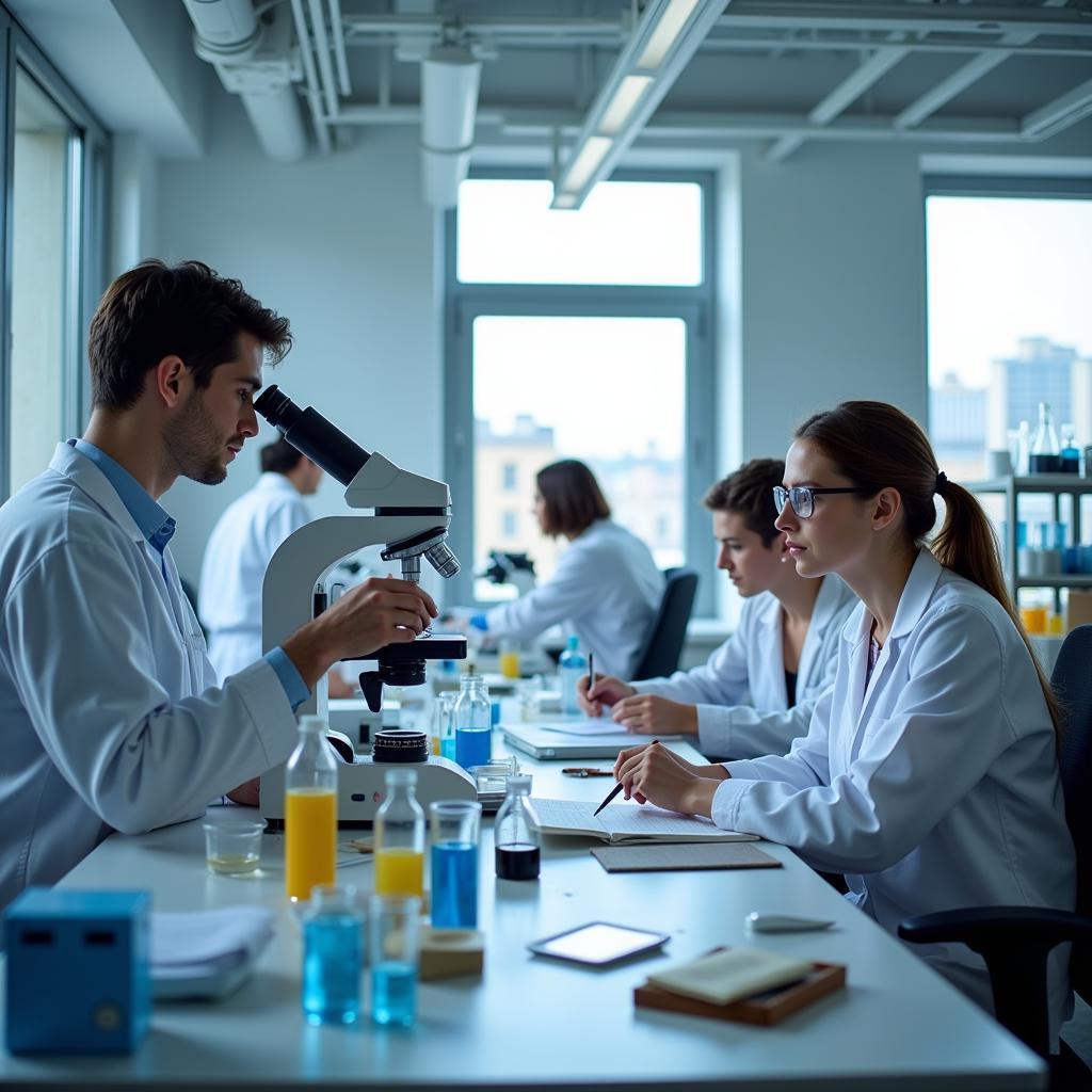 Laboratory Setting with Microscopes and Lab Equipment