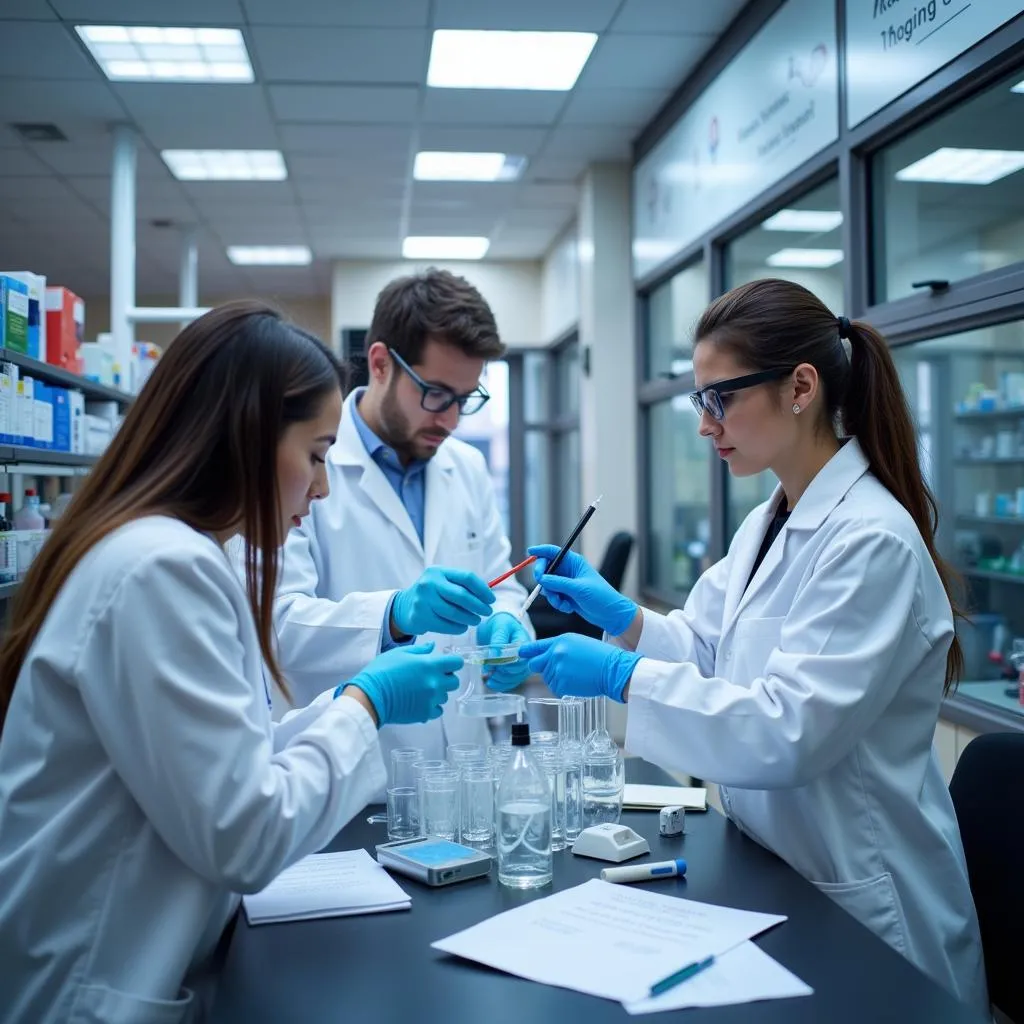 Laboratory setting with researchers studying breast cancer cells