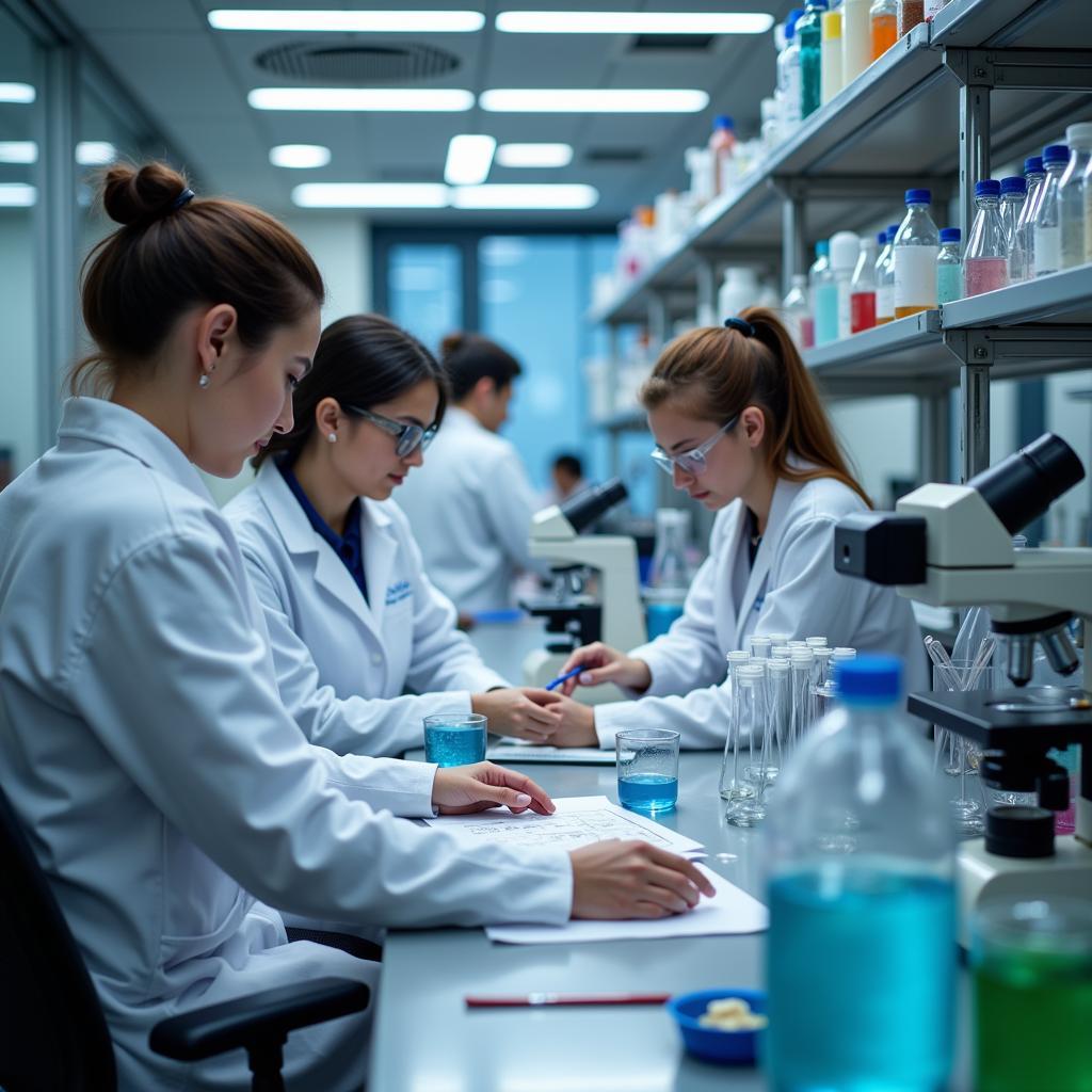 A laboratory setting with scientists studying molecules and cells under microscopes.