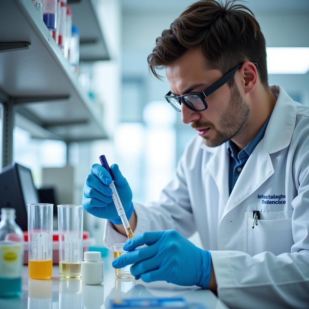 Scientist examining samples in a laboratory setting.