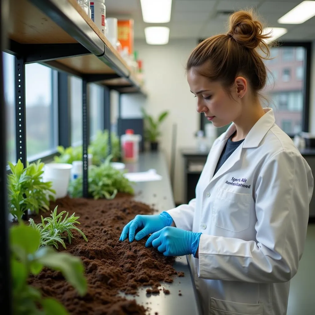 A scientist in a laboratory analyzing a soil sample for pesticide residues in Southeast Asia.