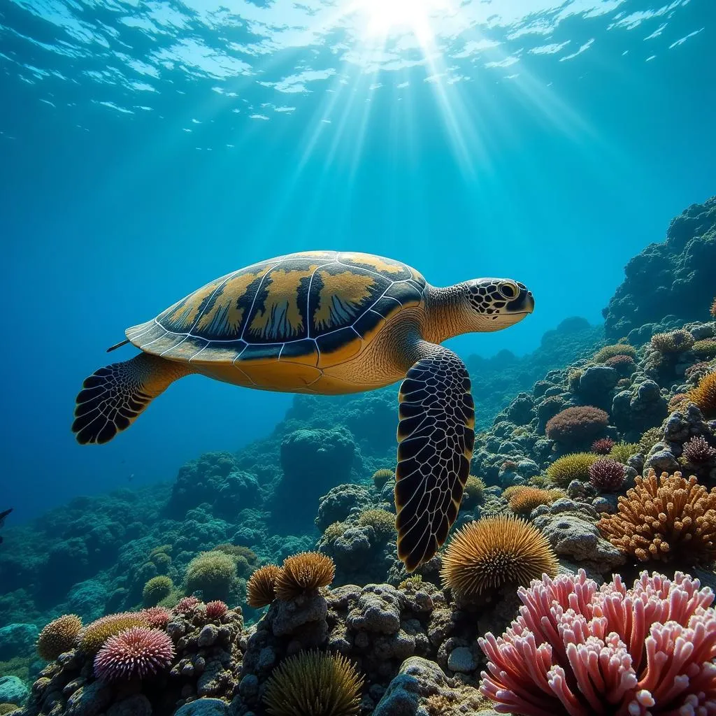 Sea turtle gliding above a vibrant coral reef