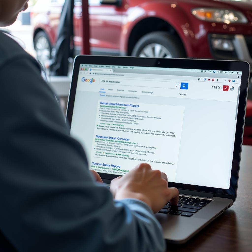 A person searching for an ASE-certified repair shop on a laptop