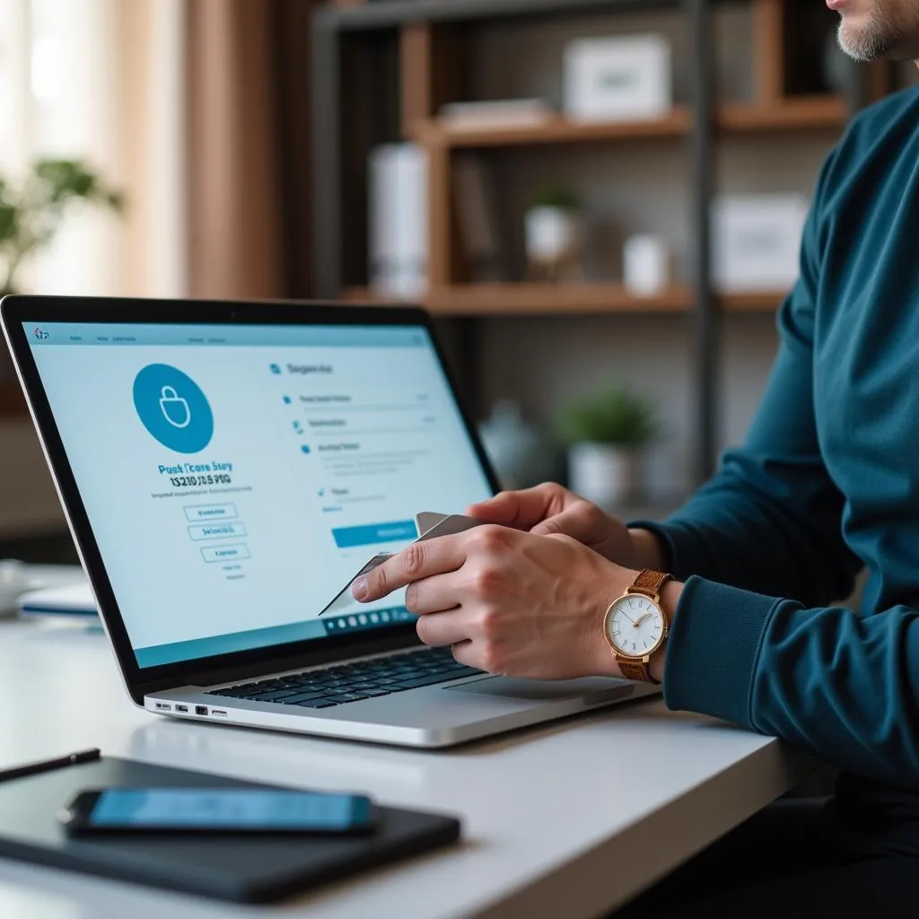 A hand holding a credit card in front of a laptop screen