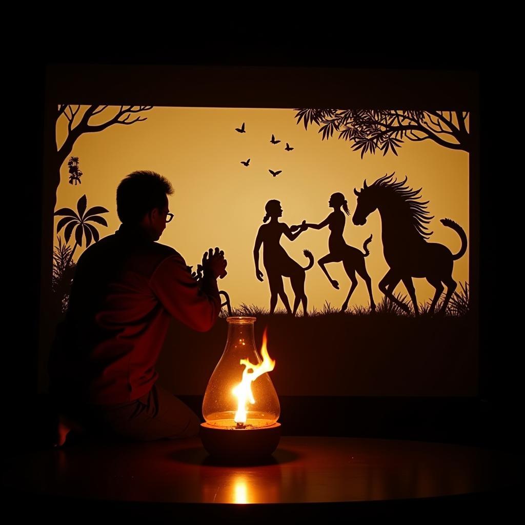 Shadow puppets depicting a scene from the Ramayana