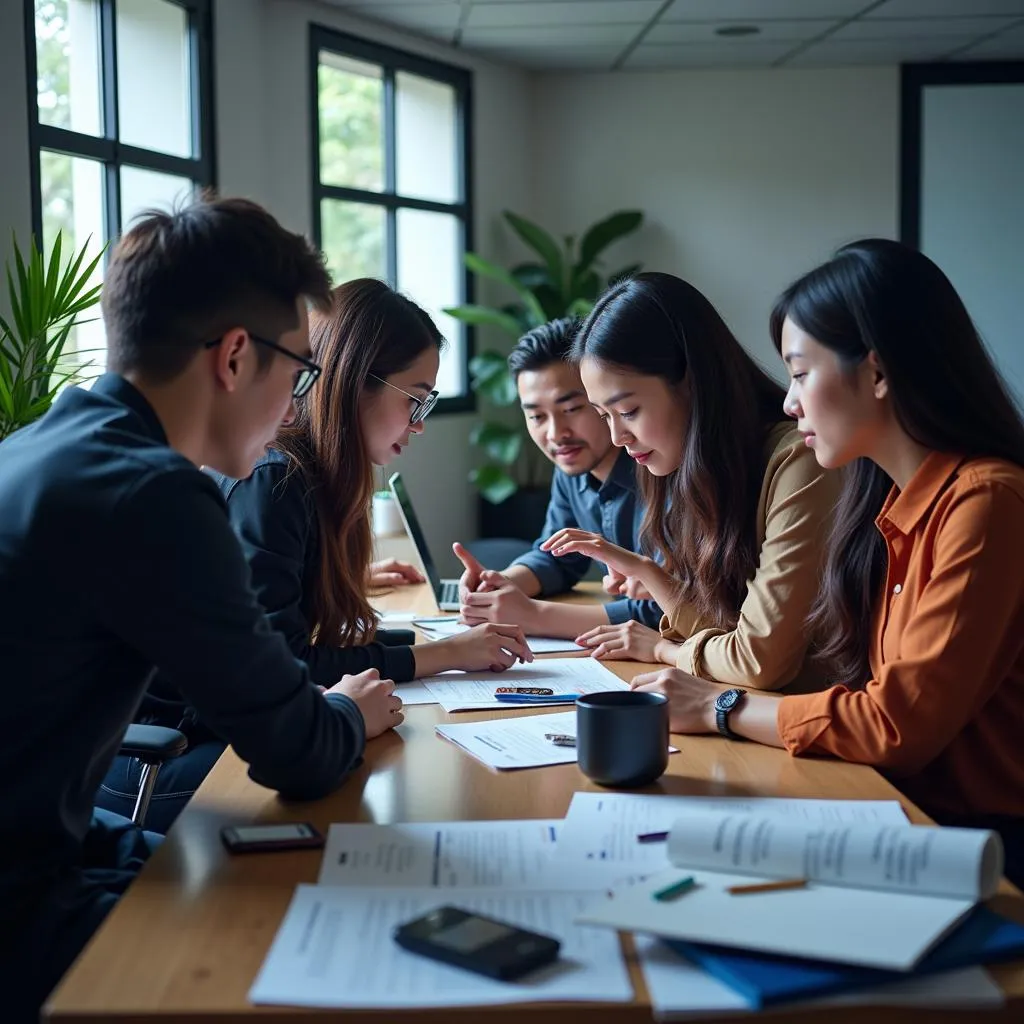 A team of diverse software engineers engaged in collaborative problem-solving for a project