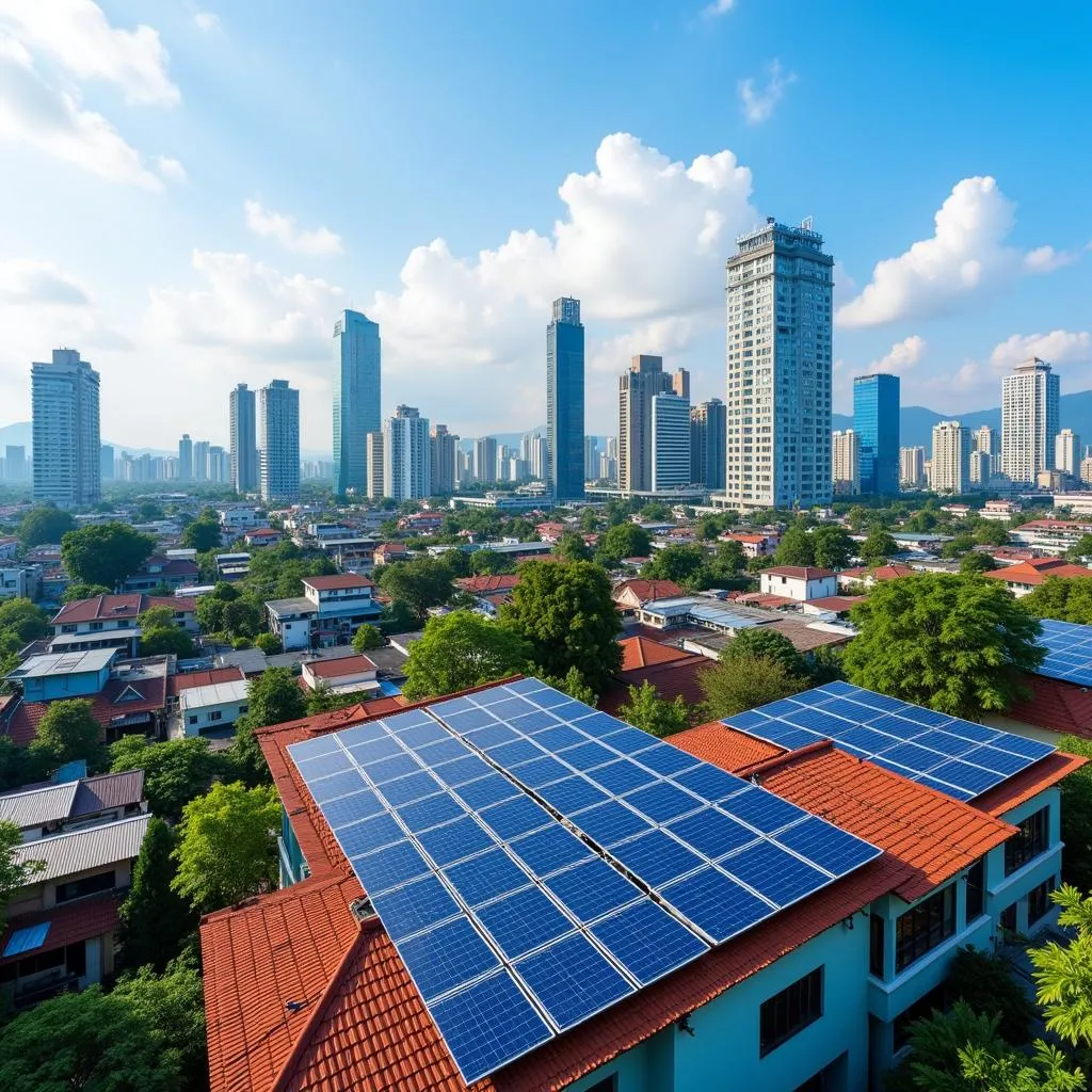 Solar Panels on Southeast Asian Cityscape