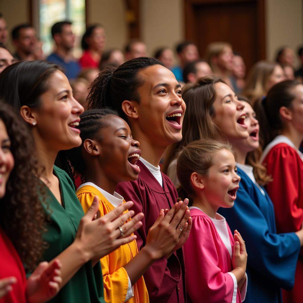 A large South African gospel choir singing with passion