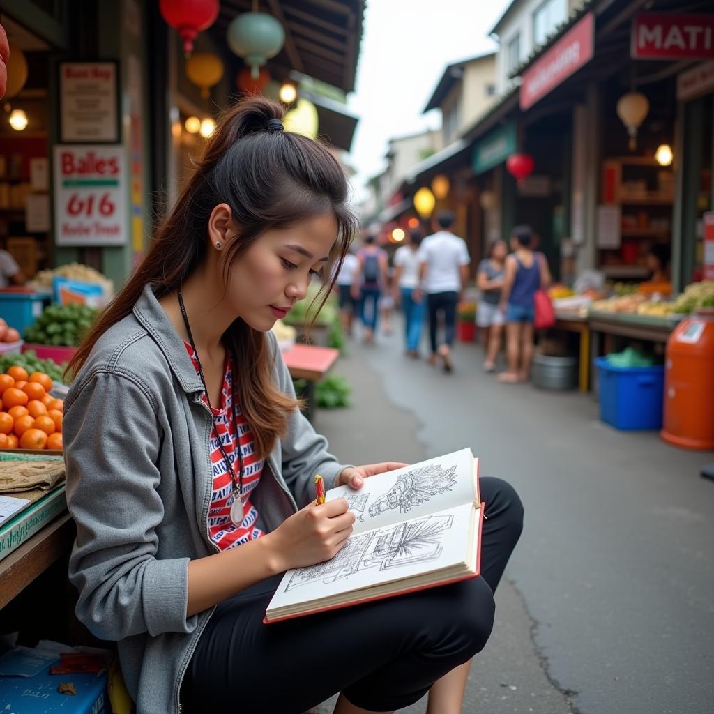 Artist sketching in a bustling Southeast Asian market