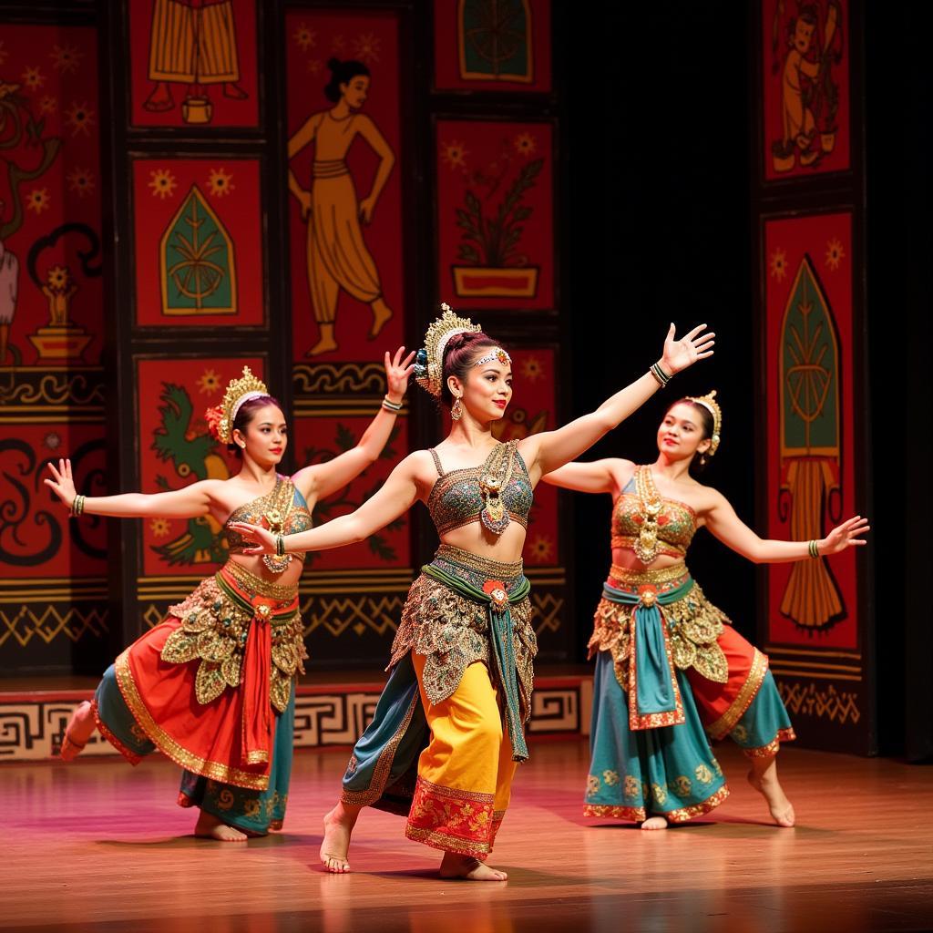 A group of dancers in traditional costumes performing on stage