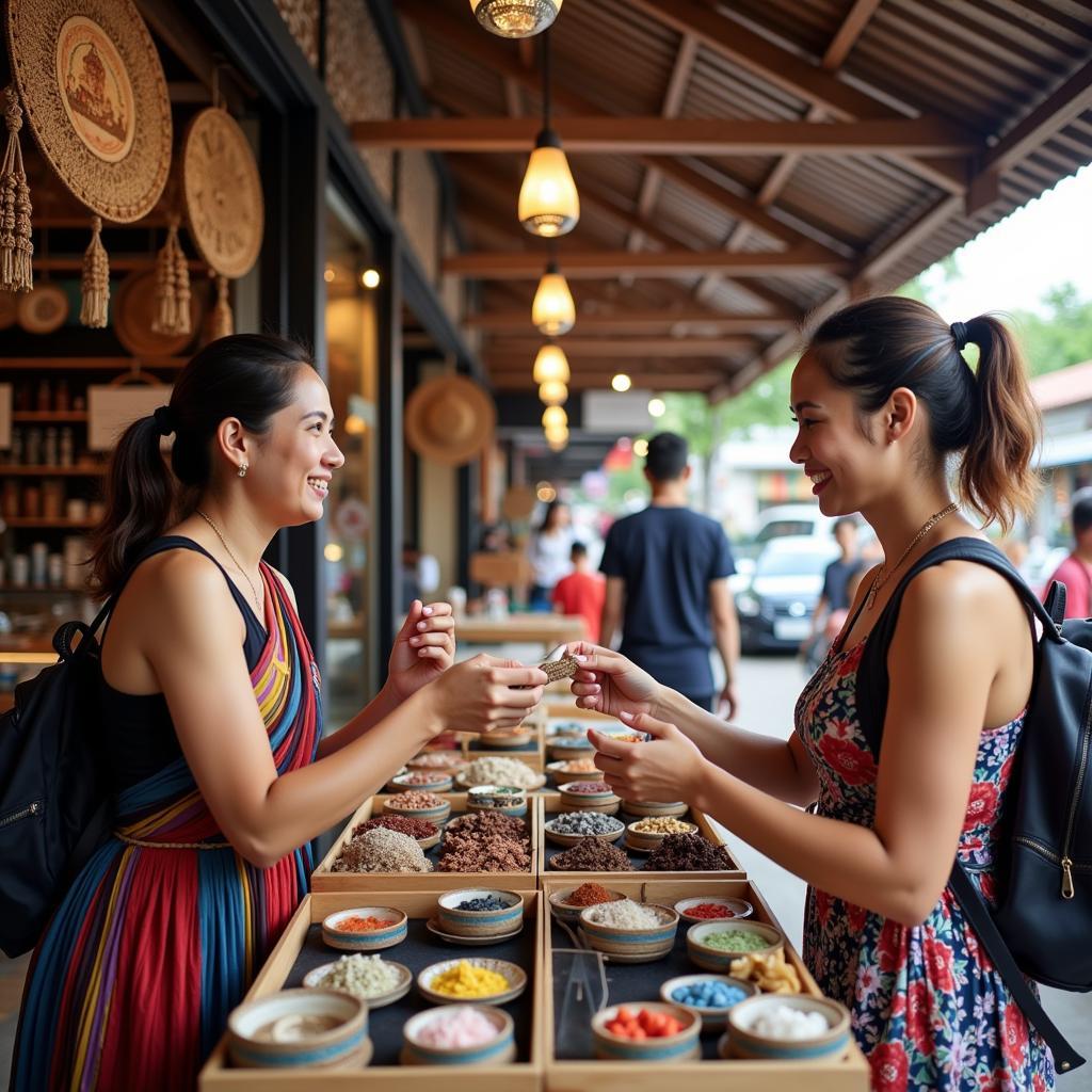 Tourists bargaining with a vendor at a market stall