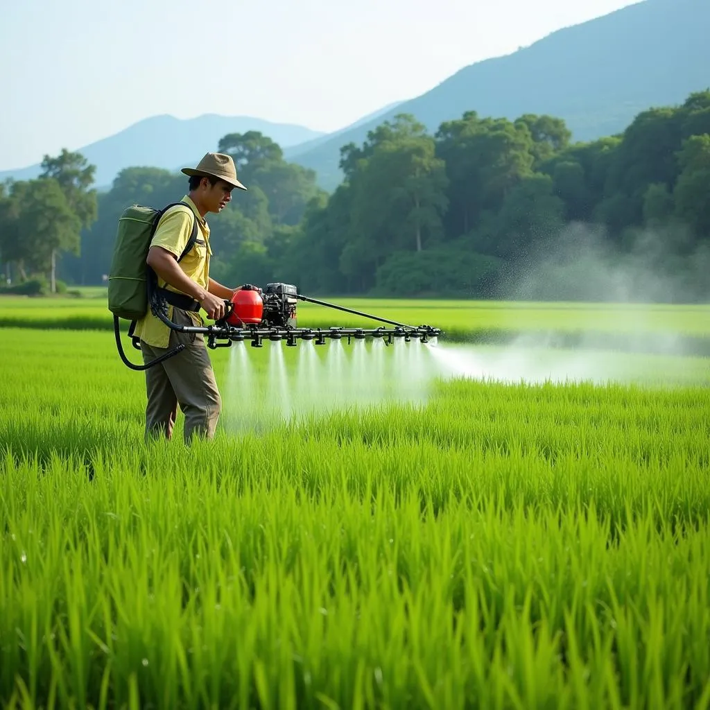 Farmers spraying pesticides in a rice paddy field in Southeast Asia.