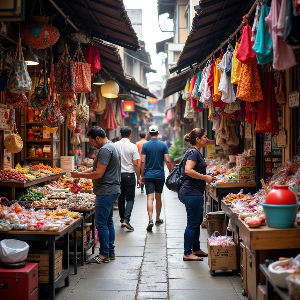 Shoppers browsing local goods at a Southeast Asian market