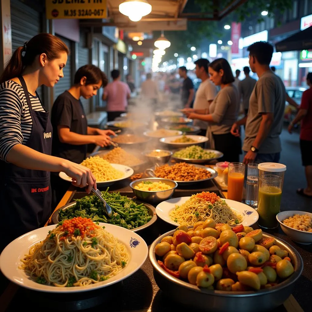 Vibrant Street Food Market in Southeast Asia with Variety of Dishes