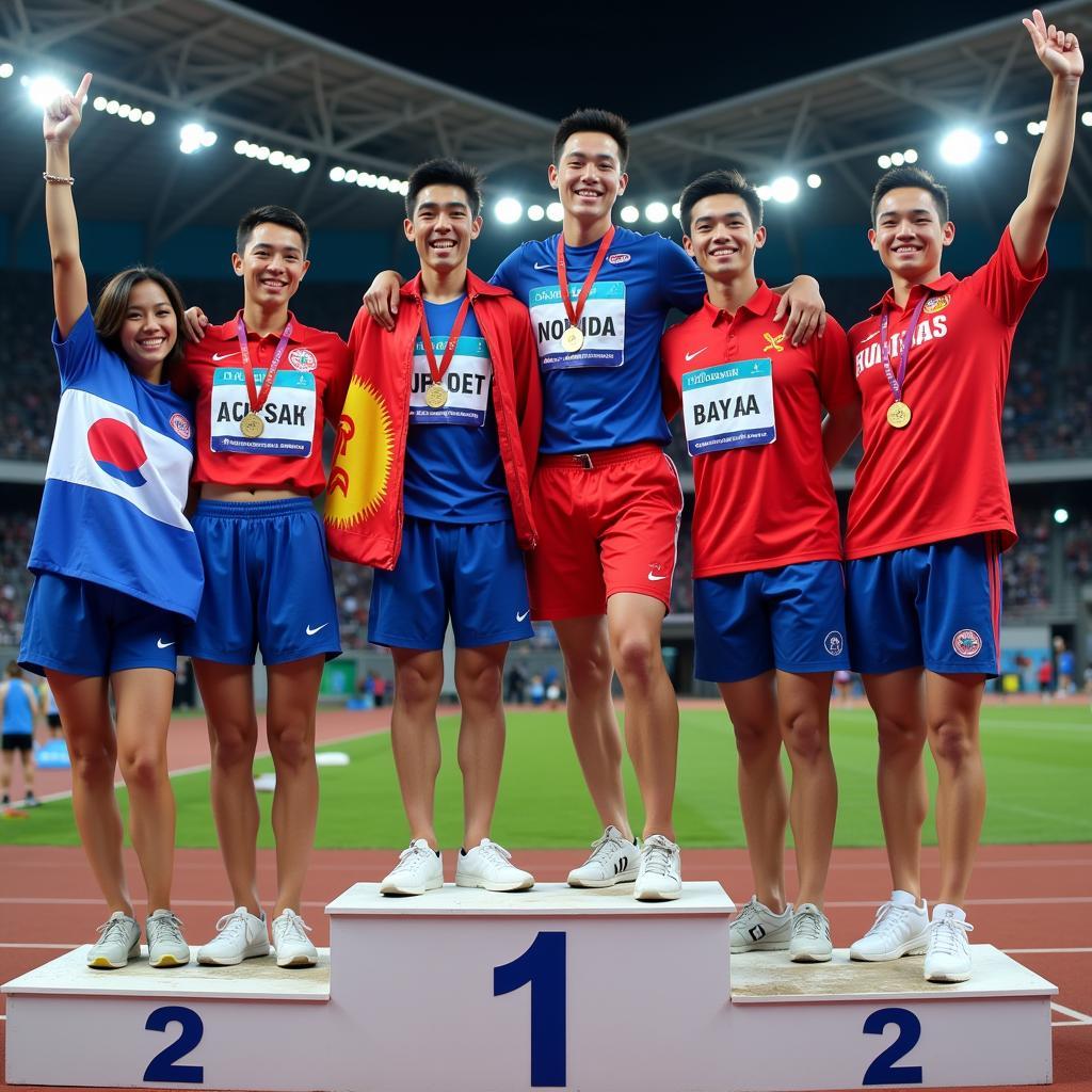 Southeast Asian athletes celebrating victory on a podium with their national flags