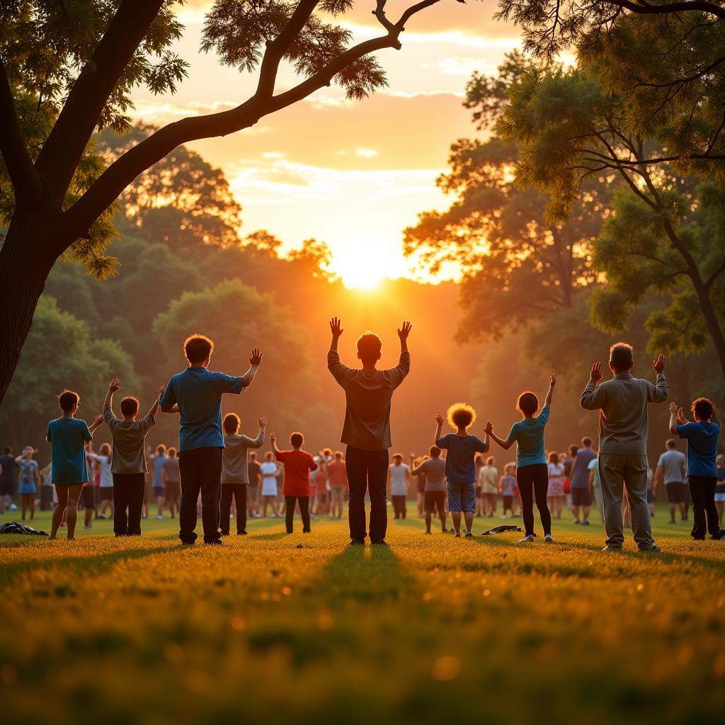 People practicing Tai Chi in a Southeast Asian park