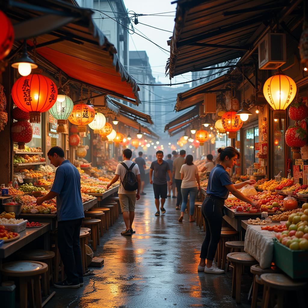 A bustling market scene in Southeast Asia, teeming with commerce and vibrant energy