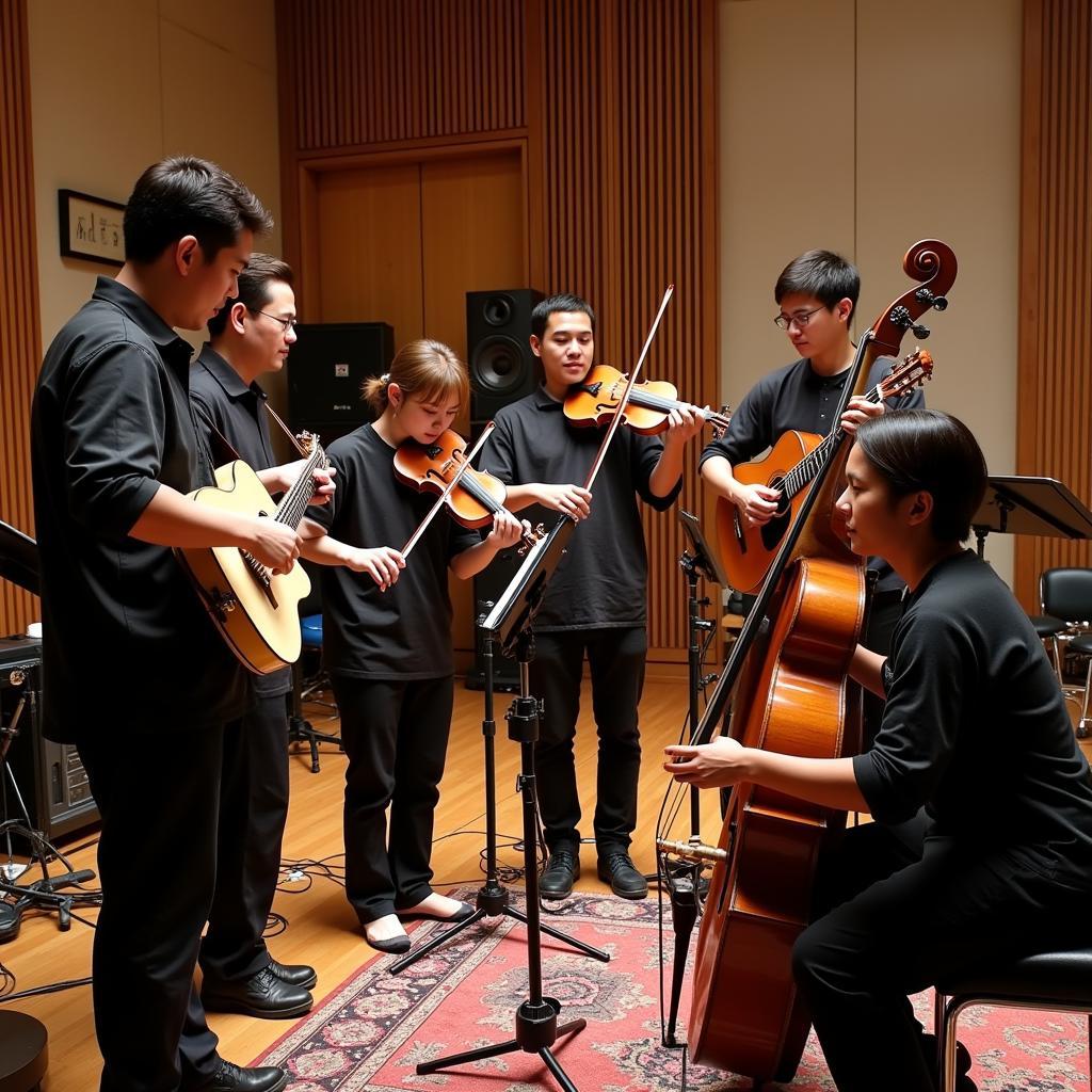 Musicians from different Southeast Asian countries collaborating on a project