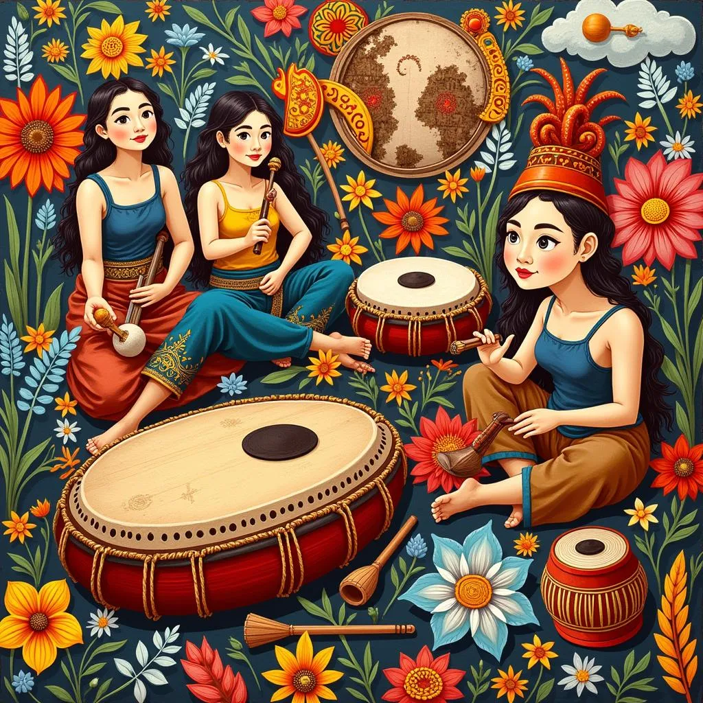 A tapestry of traditional Southeast Asian musical instruments.