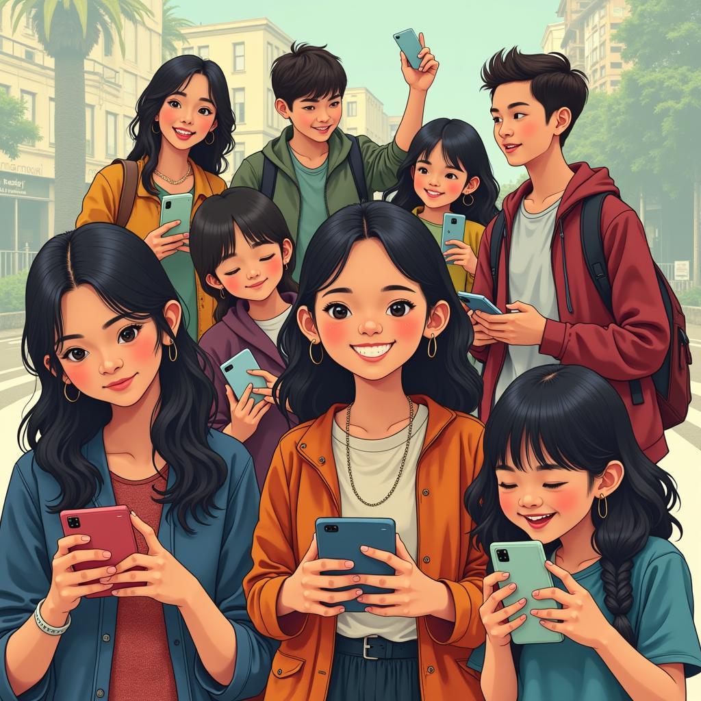 Southeast Asian Youth Enjoying Music on Mobile Devices