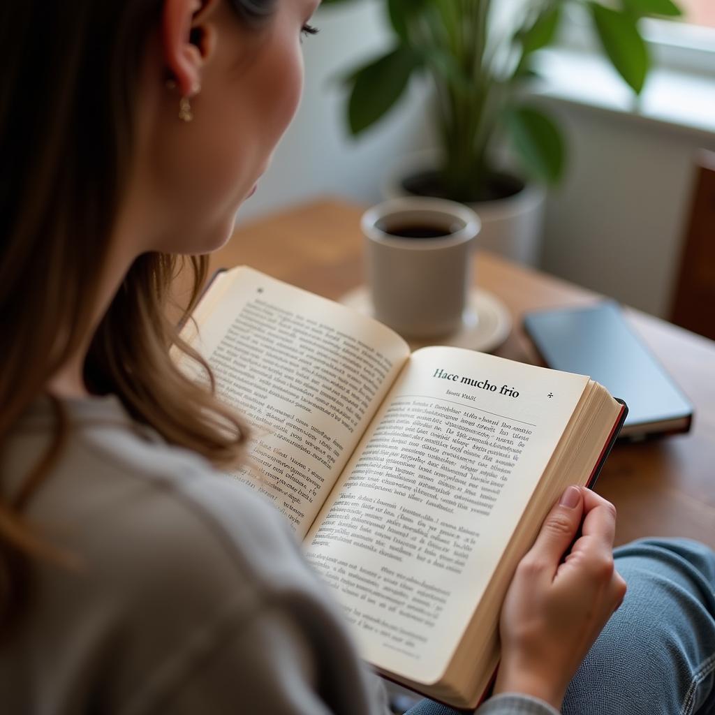 Woman holding a Spanish phrasebook