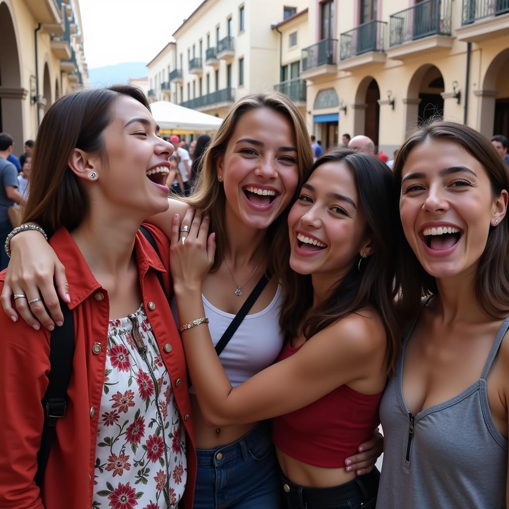 Friends embracing warmly in a Spanish-speaking country