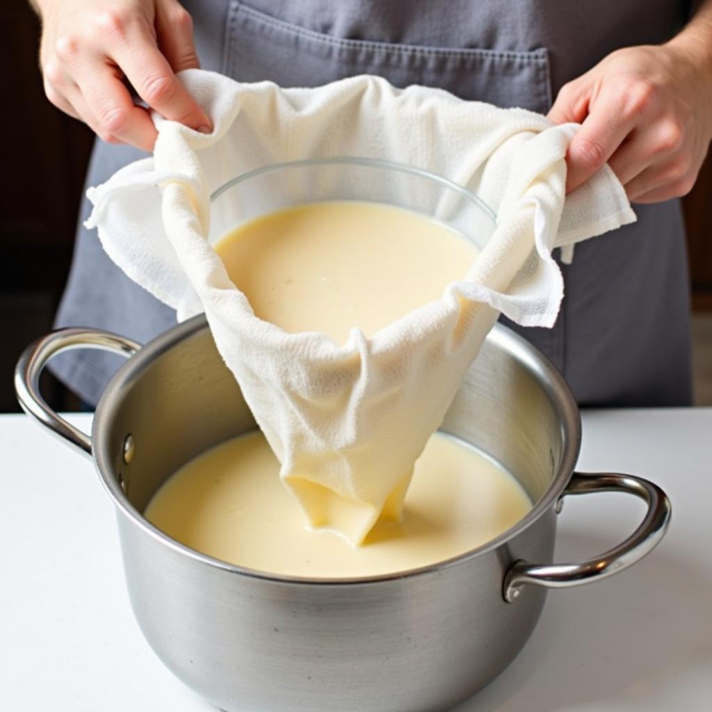 Straining soy milk through cheesecloth