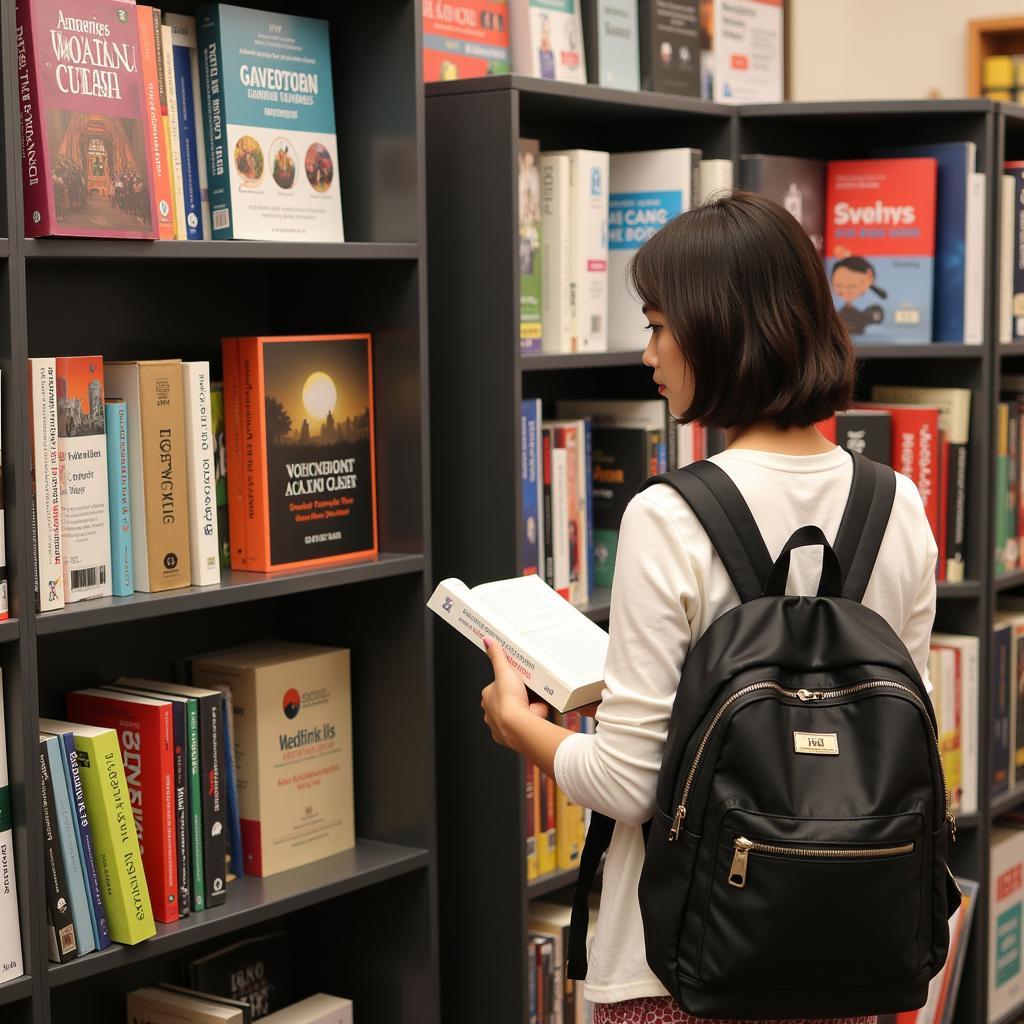 A student browsing through ASEAN study guides in a bookstore