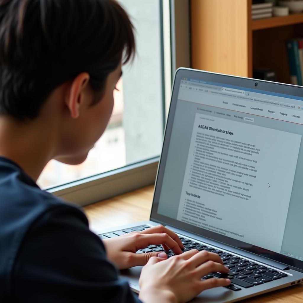 A student diligently researching scholarship opportunities on a laptop