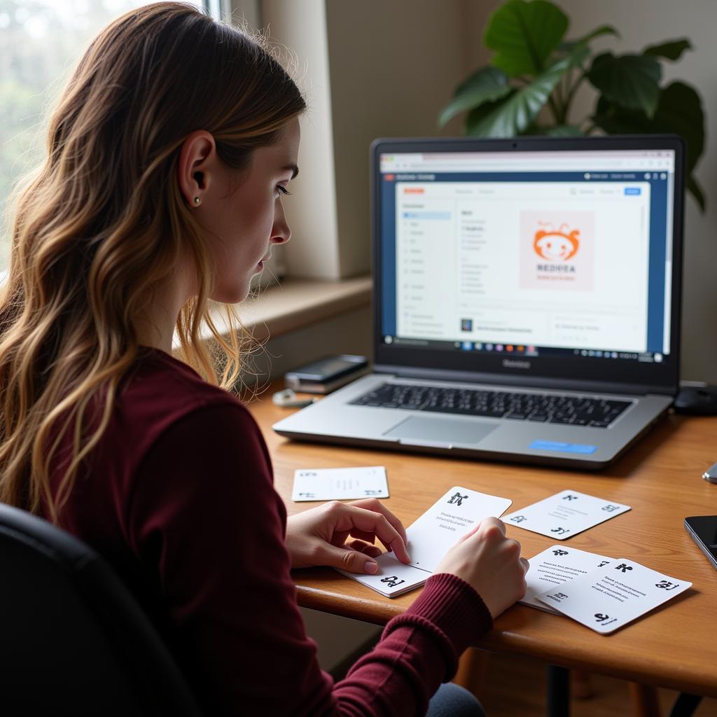 A student actively uses flashcards for studying while a Reddit tab remains open in the background