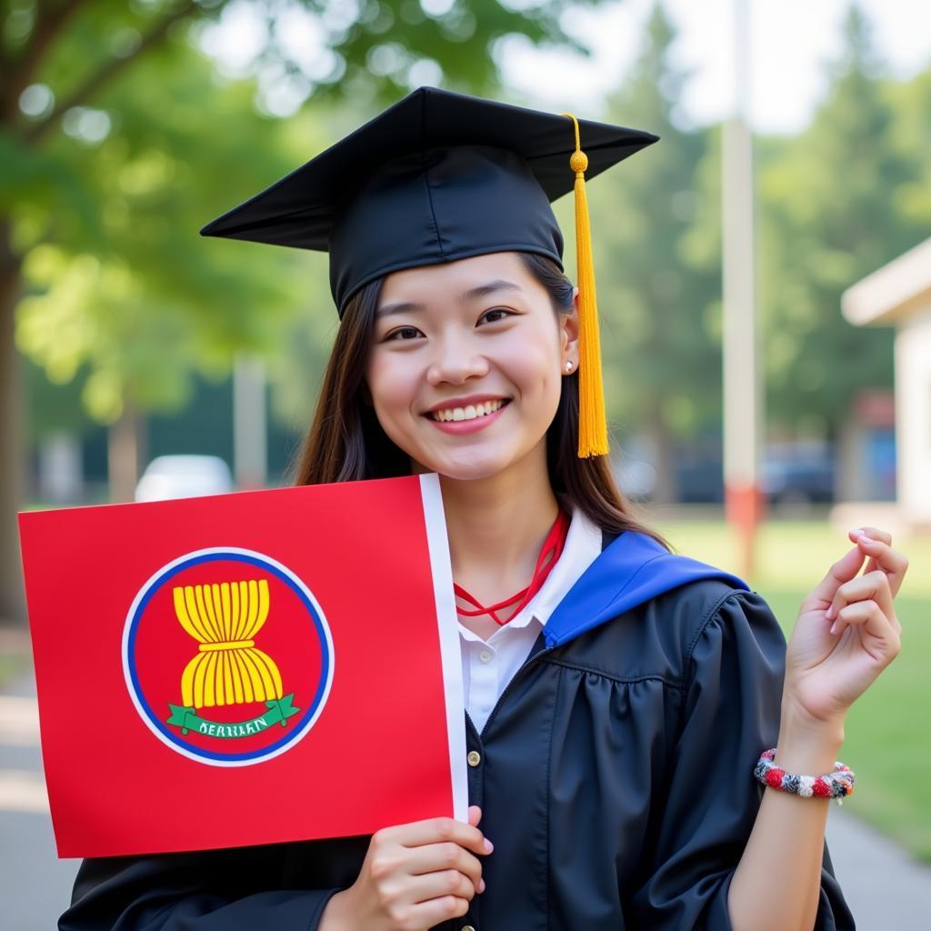 A graduate celebrating with the ASEAN flag