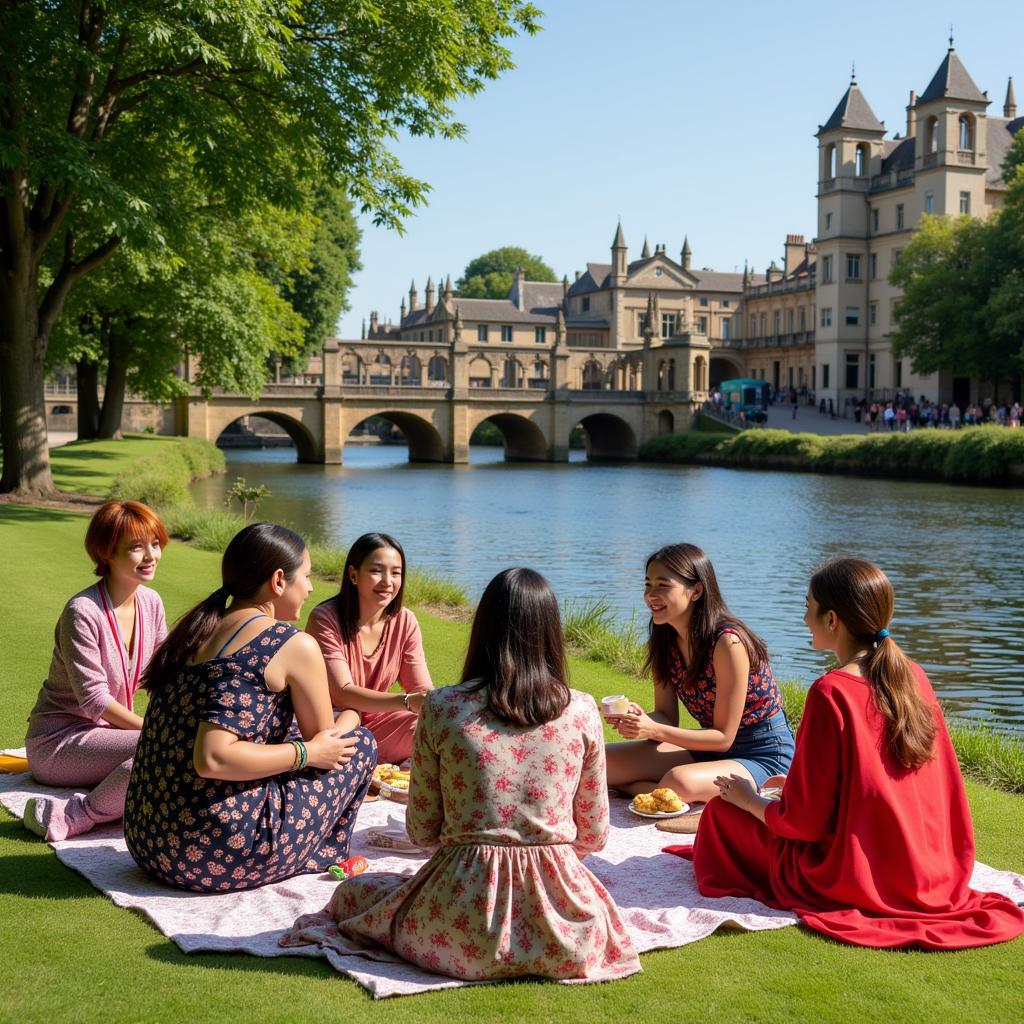 Students enjoying a picnic by the River Avon