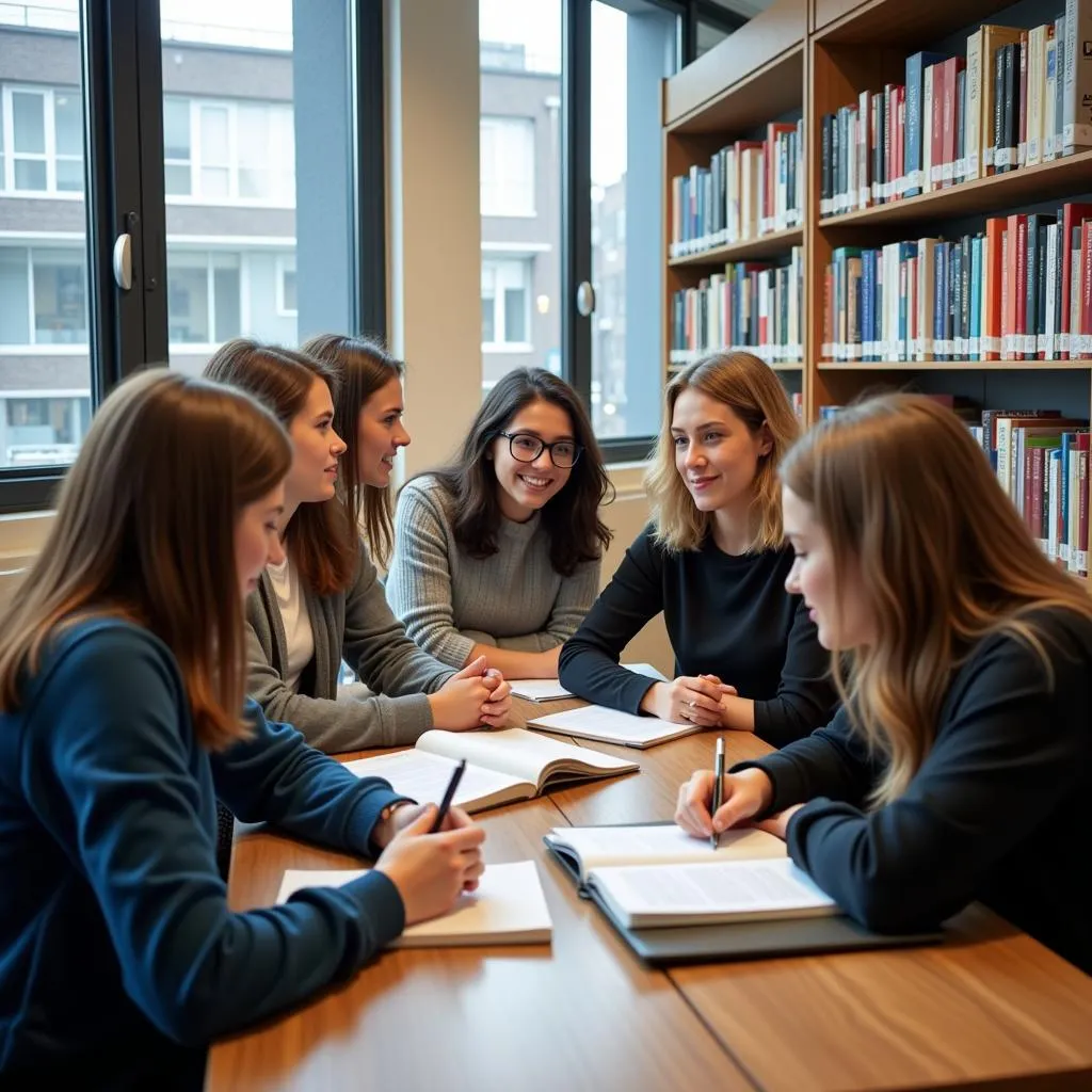 Students engaging in discussion at ASE Bucuresti library