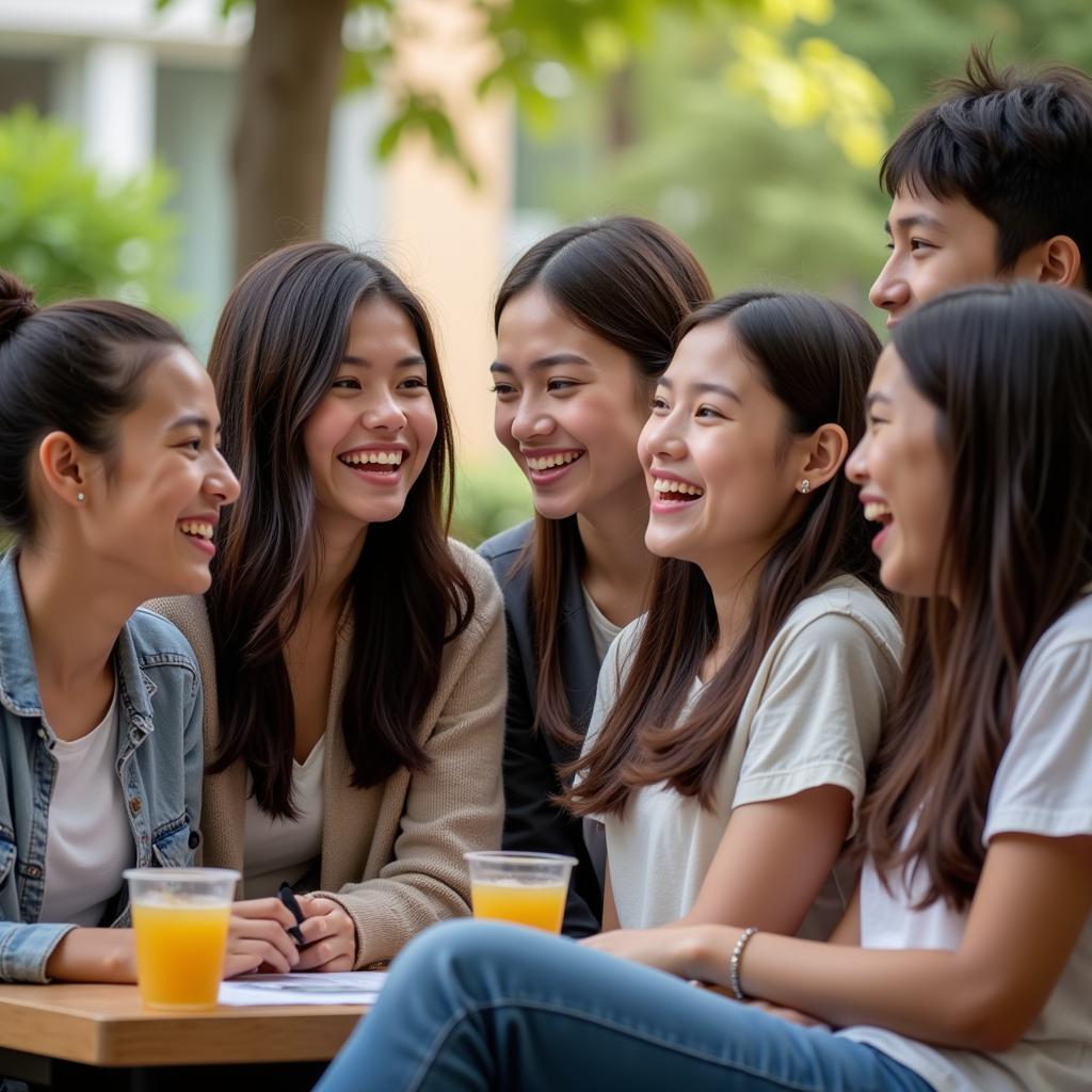 Students from different cultural backgrounds interacting during a school break