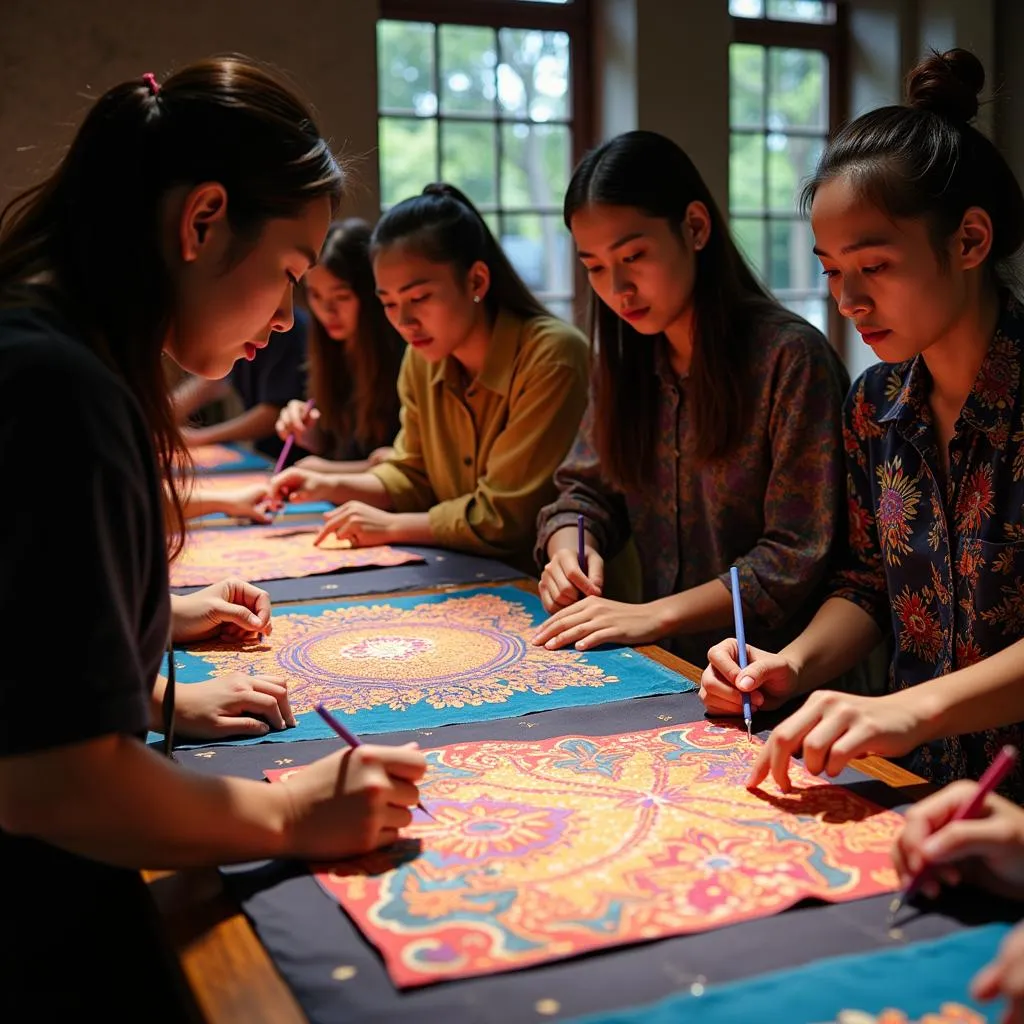 Students participating in a Batik painting workshop in Malaysia