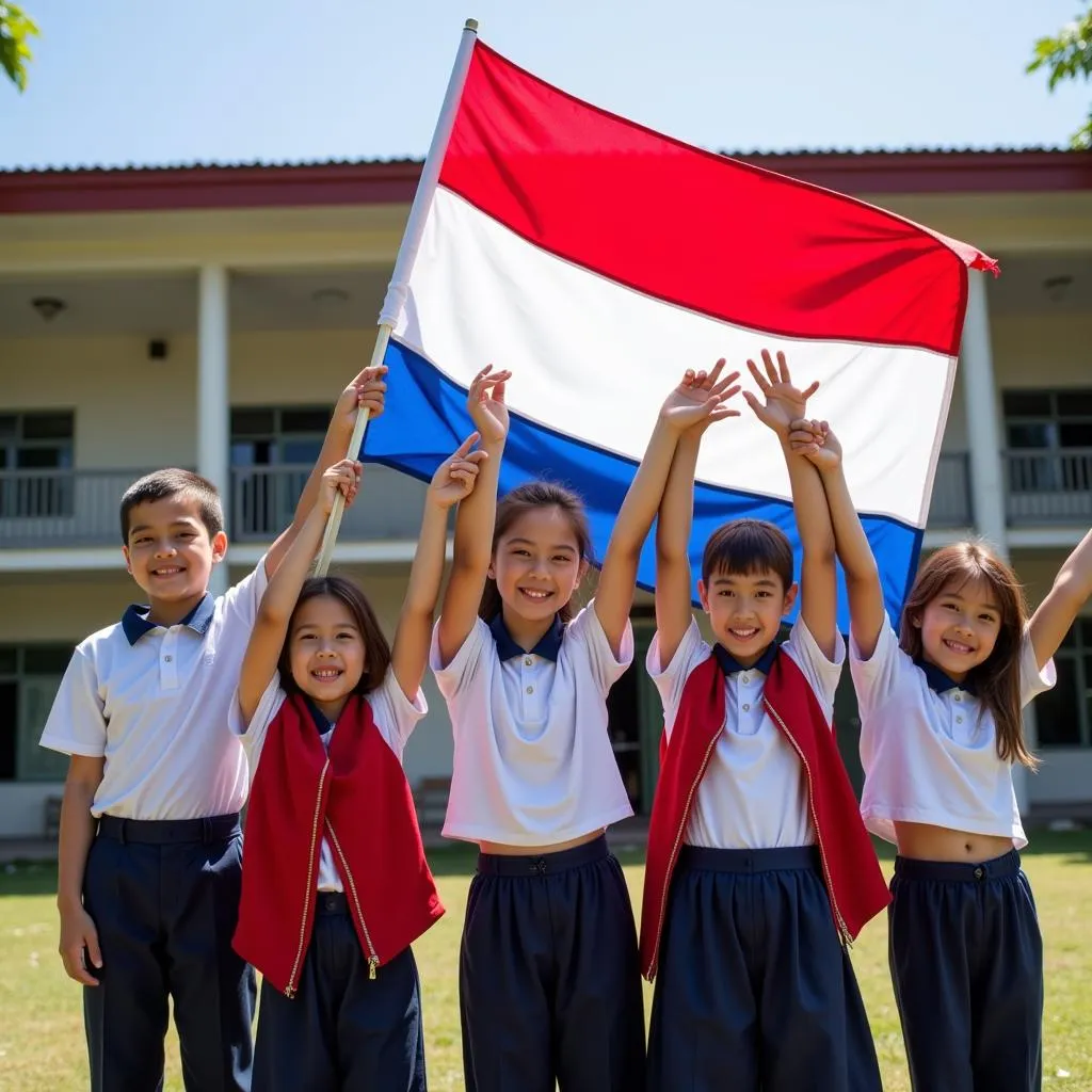 Students raising the Asean flag during a school ceremony