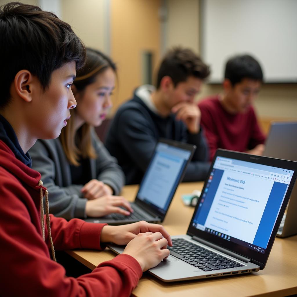 Students studying with laptops open, one has Reddit open in another tab