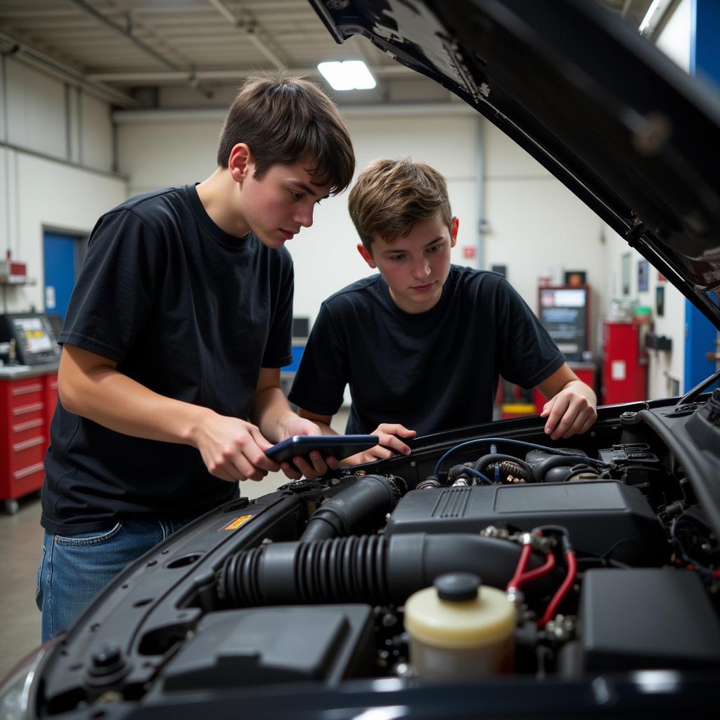 Students Working on a Car Engine