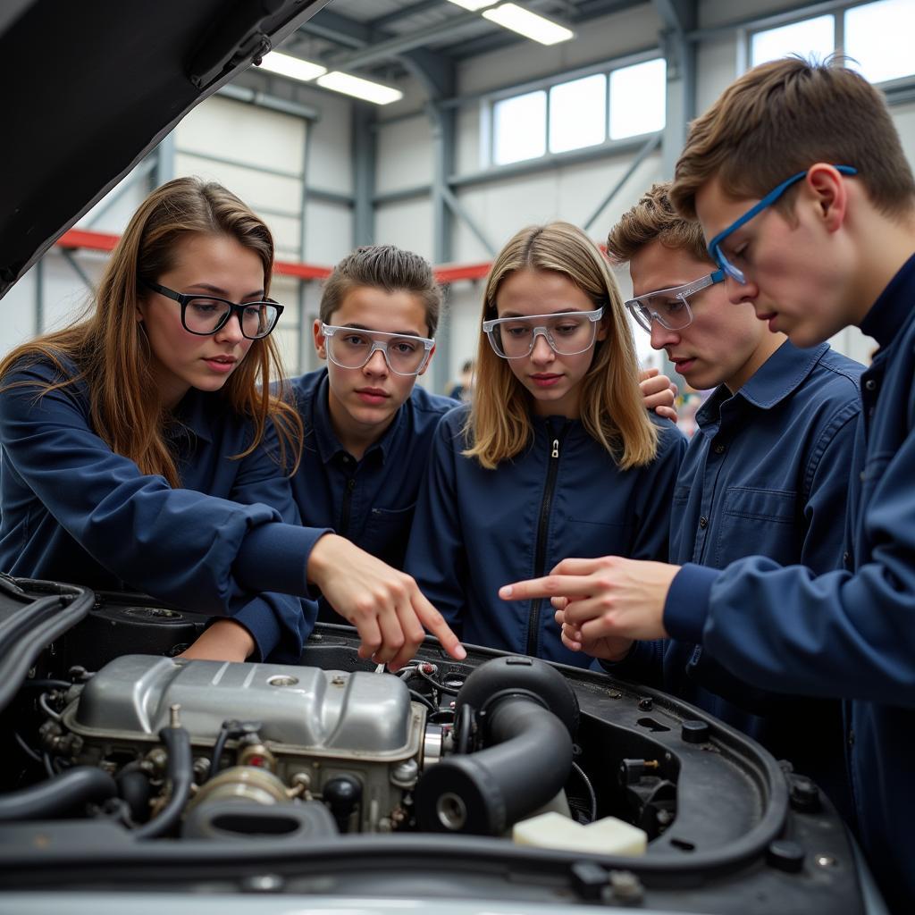 Students Working on a Car Engine in an Automotive Workshop